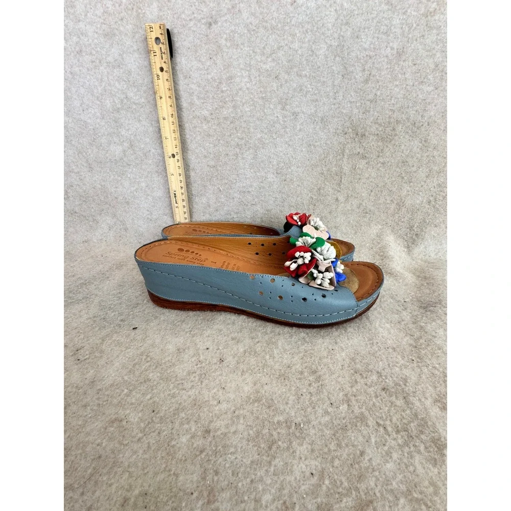Spring Step Ortopedi Women Blue Leather Floral Wedge Sandals EU 42 Comfort US 10